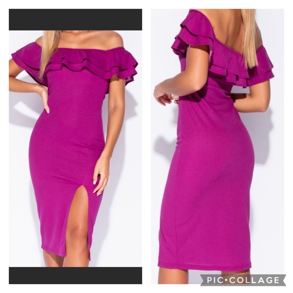 Magenta Off the Shoulder Midi Dress
